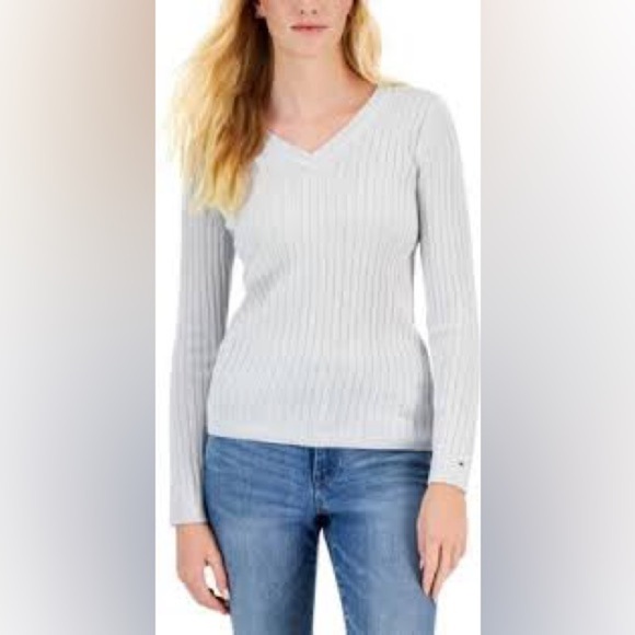 Tommy Hilfiger Women's Metallic V-Neck Ribbed Sweater - Heather grey/silver, XL - Picture 1 of 8